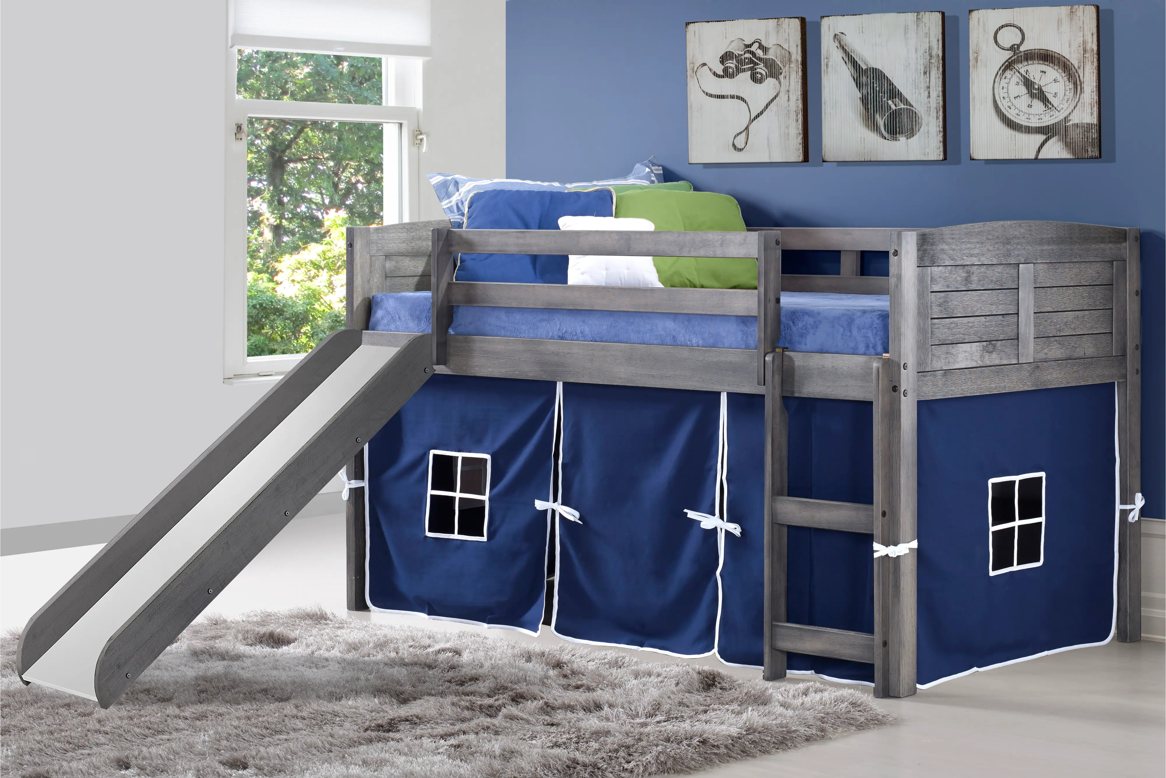 Louver Antique Gray Twin Loft Bed with Blue Tent and Slide