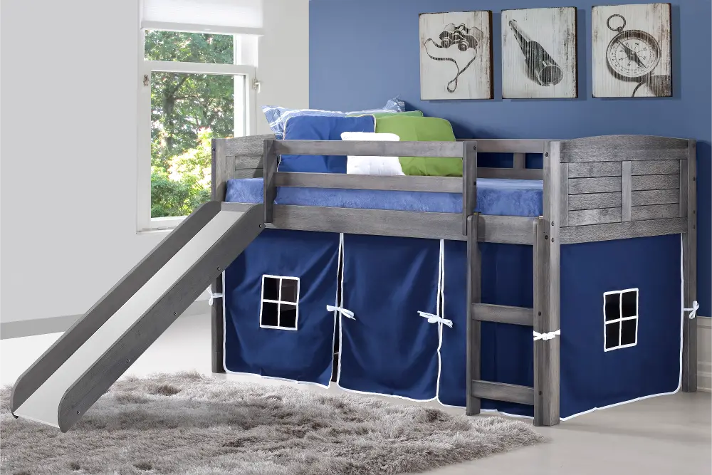 Louver Antique Gray Twin Loft Bed with Blue Tent and Slide-1