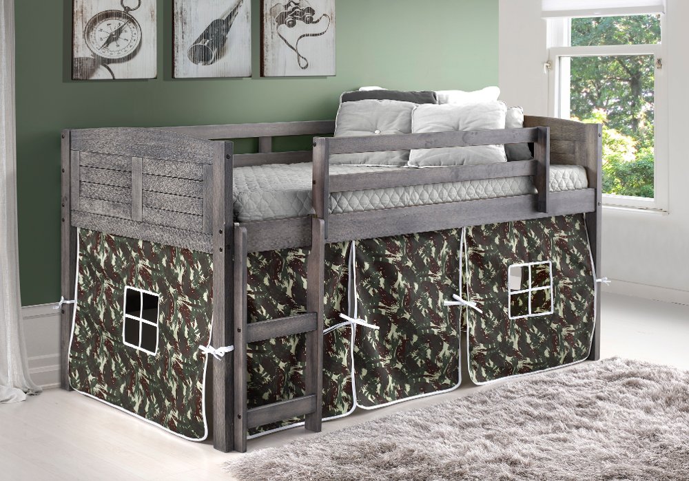 Louver Antique Gray Twin Loft Bed with Camo Tent