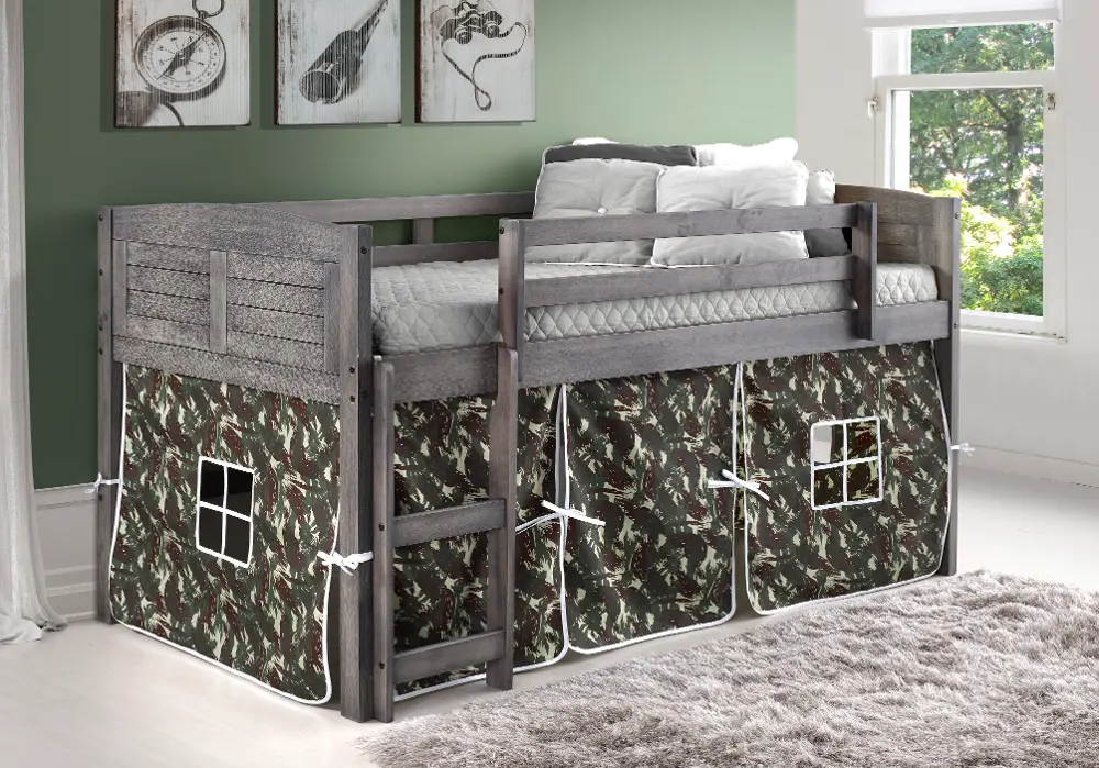 Louver Antique Gray Twin Loft Bed with Camo Tent-1