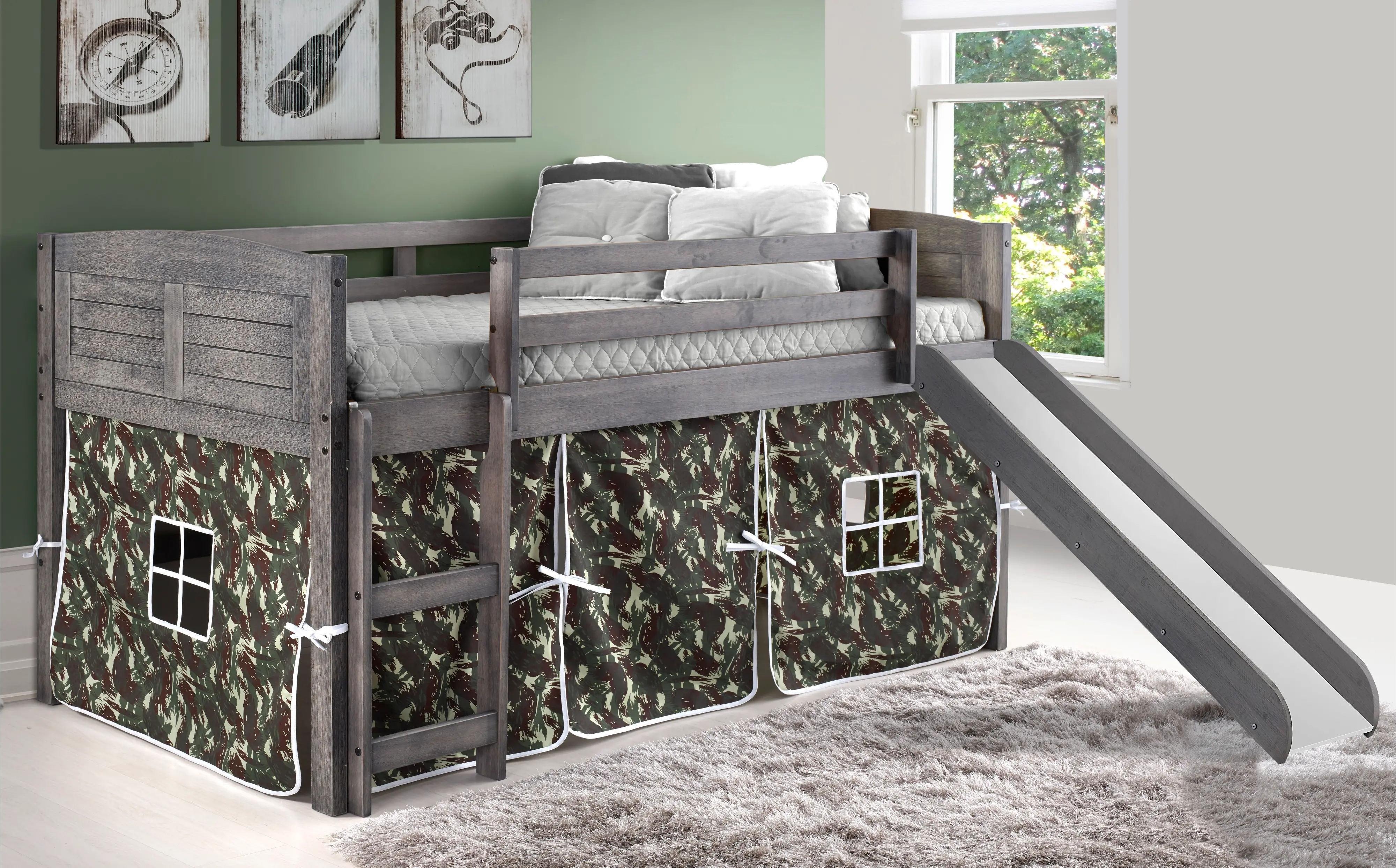 Photos - Bed Donco Trading Louver Antique Gray Twin Loft  with Camo Tent and Slide 7