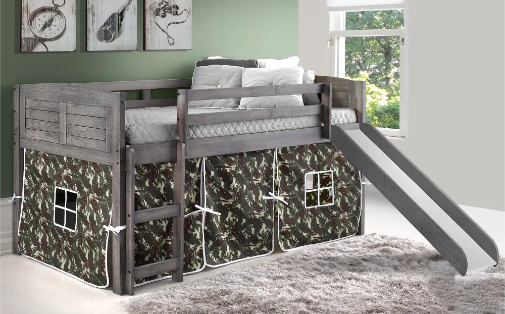 Louver Antique Gray Twin Loft Bed with Camo Tent and Slide-1