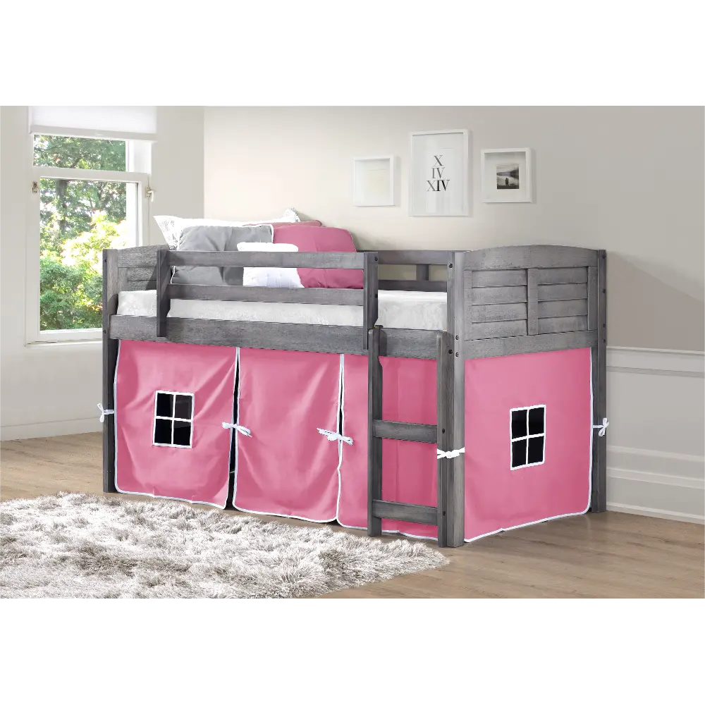 Louver Antique Gray Twin Loft Bed with Pink Tent-1