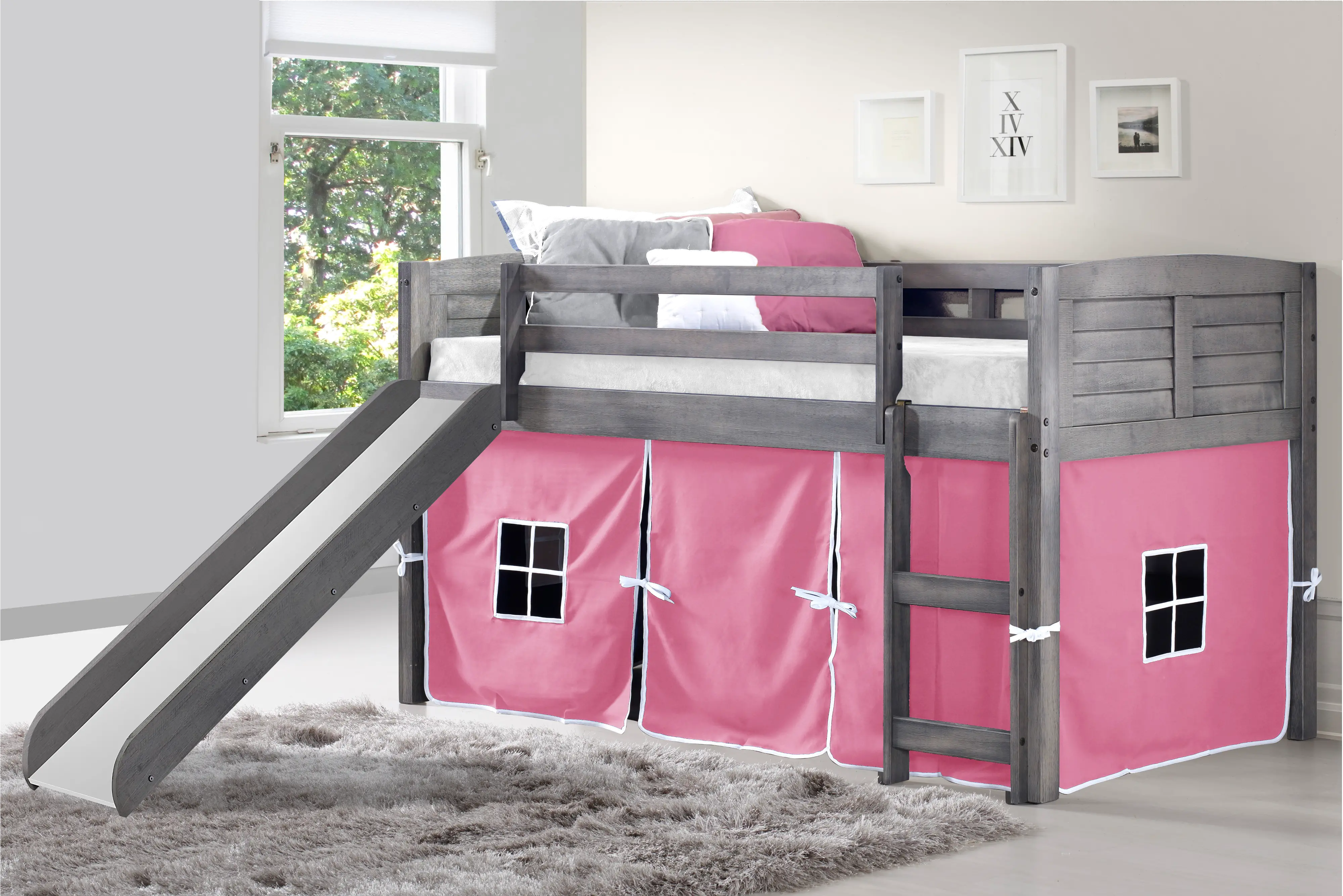 Photos - Bed Donco Trading Louver Antique Gray Twin Loft  with Pink Tent and Slide 7
