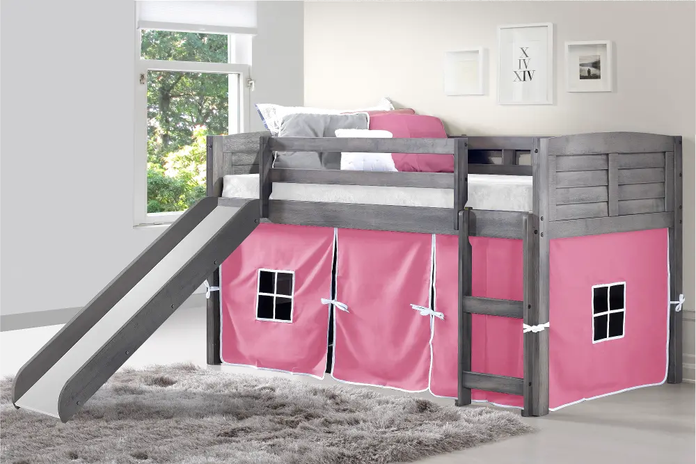 Louver Antique Gray Twin Loft Bed with Pink Tent and Slide-1