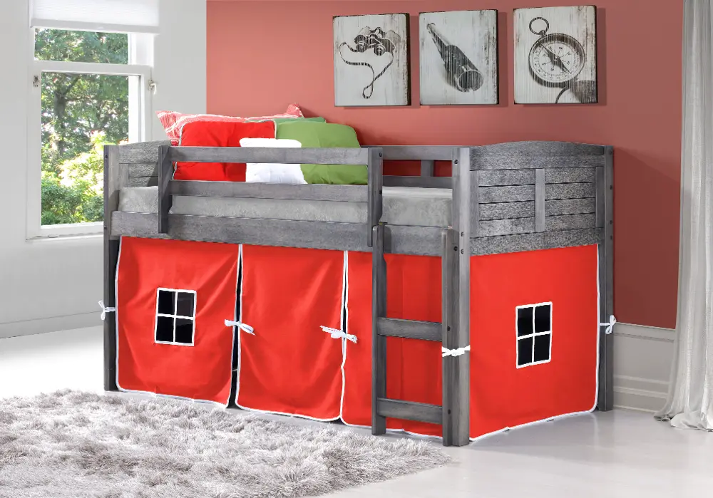 Louver Antique Gray Twin Loft Bed with Red Tent-1