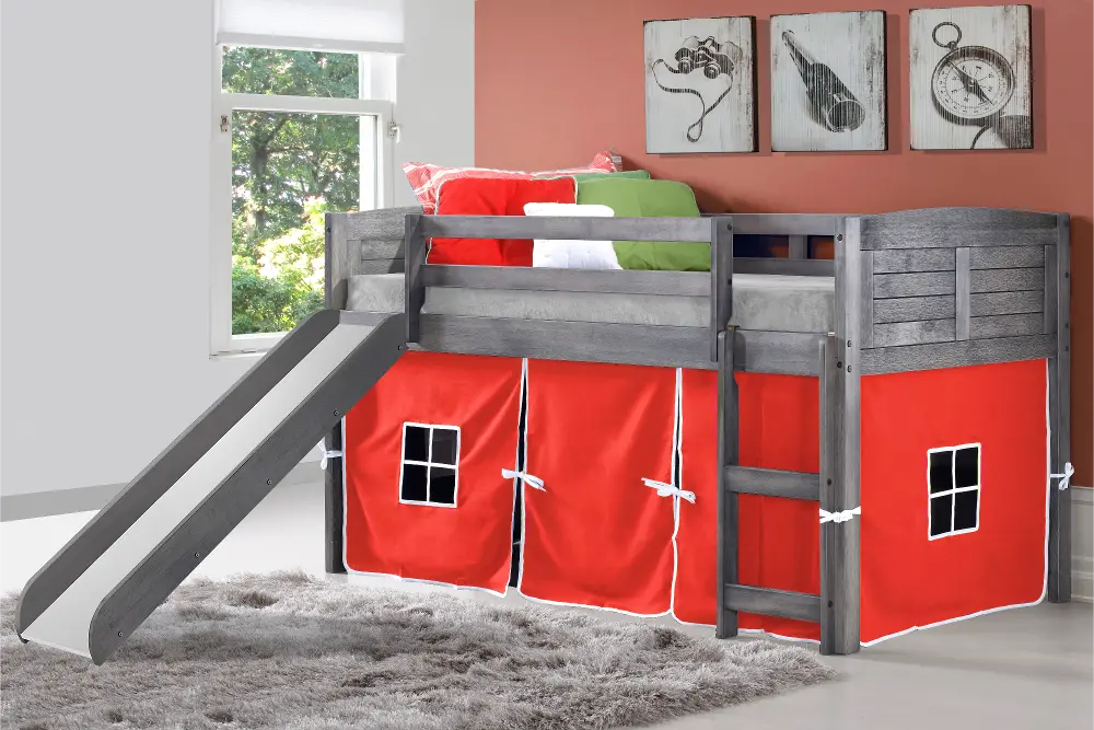 Louver Antique Gray Twin Loft Bed with Red Tent and Slide-1