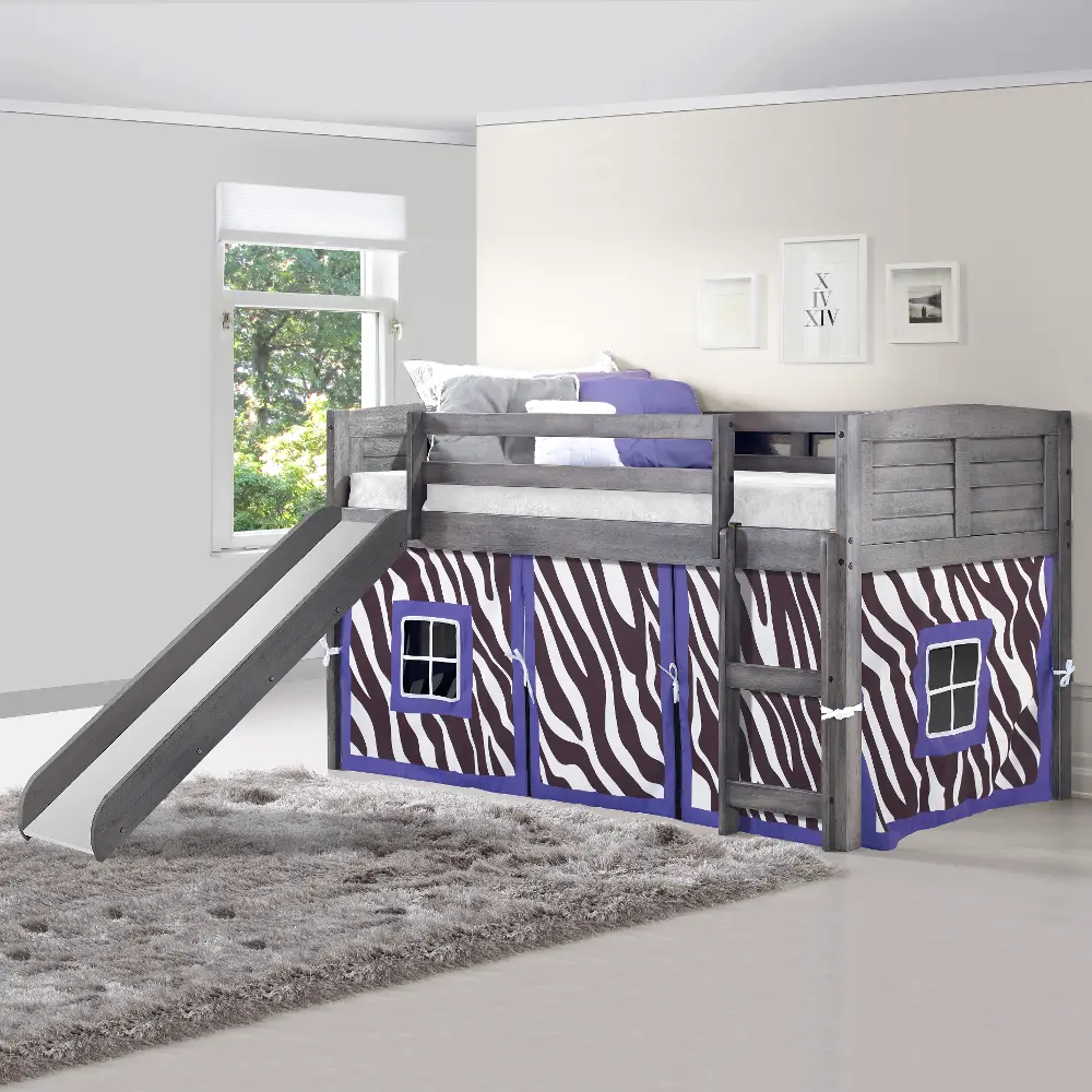 Louver Antique Gray Twin Loft Bed with Zebra Tent and Slide-1