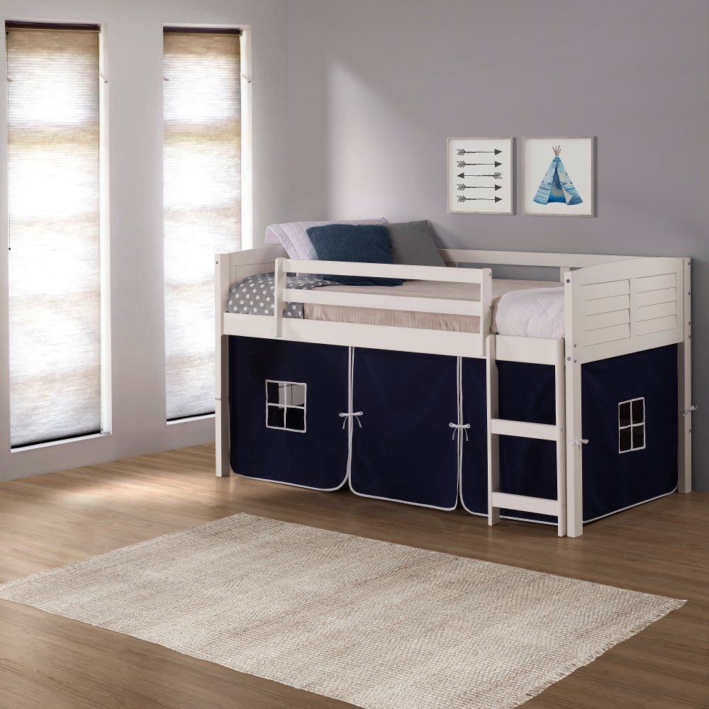 Louver White Twin Loft Bed with Navy Blue Tent