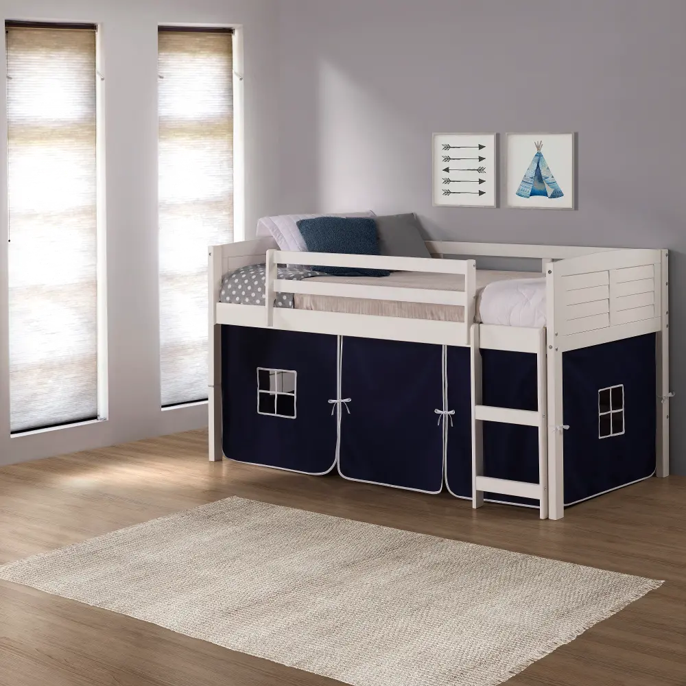 Louver White Twin Loft Bed with Navy Blue Tent-1