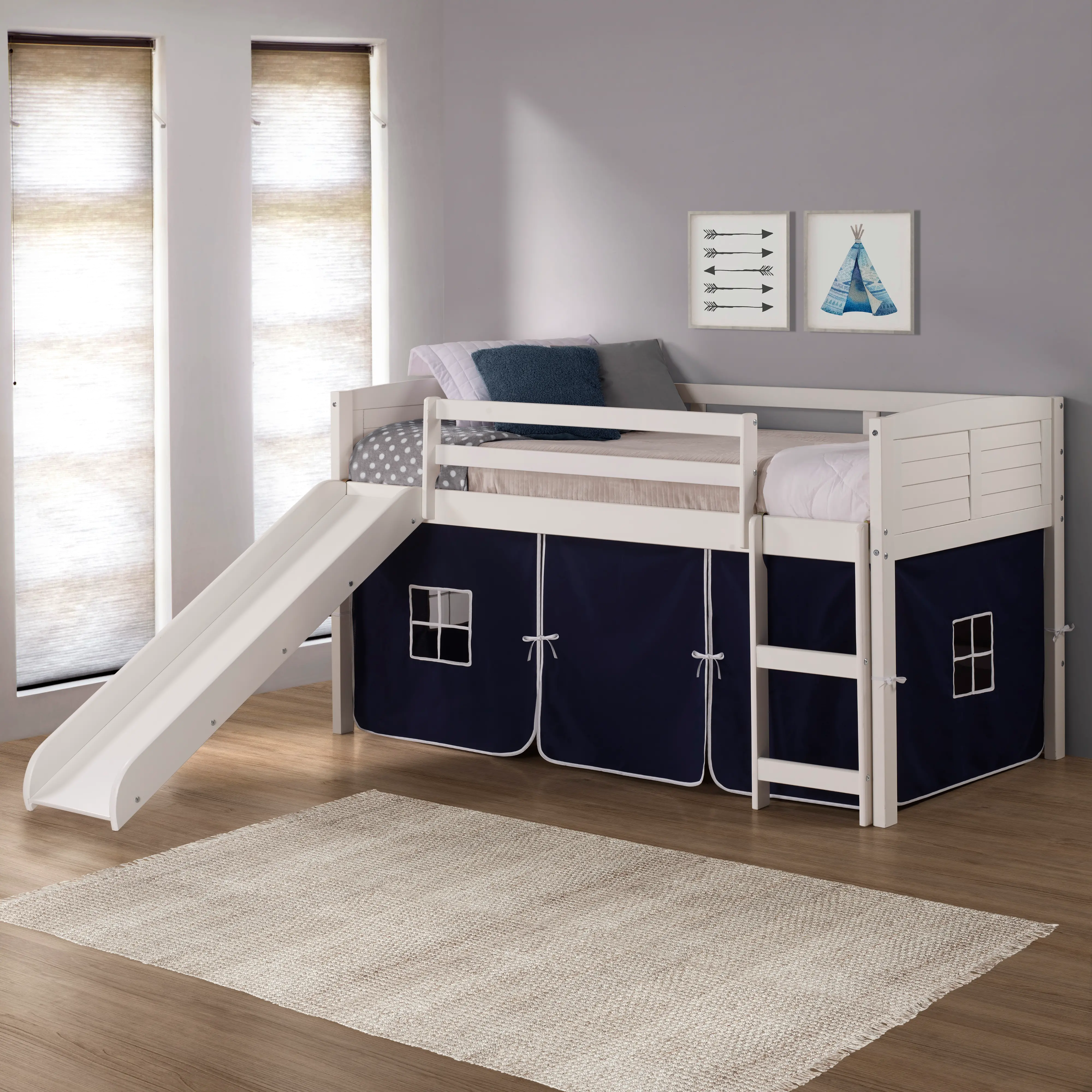 Photos - Bed Donco Trading Louver White Twin Loft  with Navy Blue Tent and Slide 790
