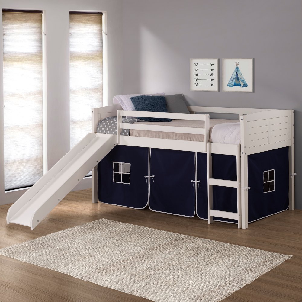 Louver White Twin Loft Bed with Navy Blue Tent and Slide