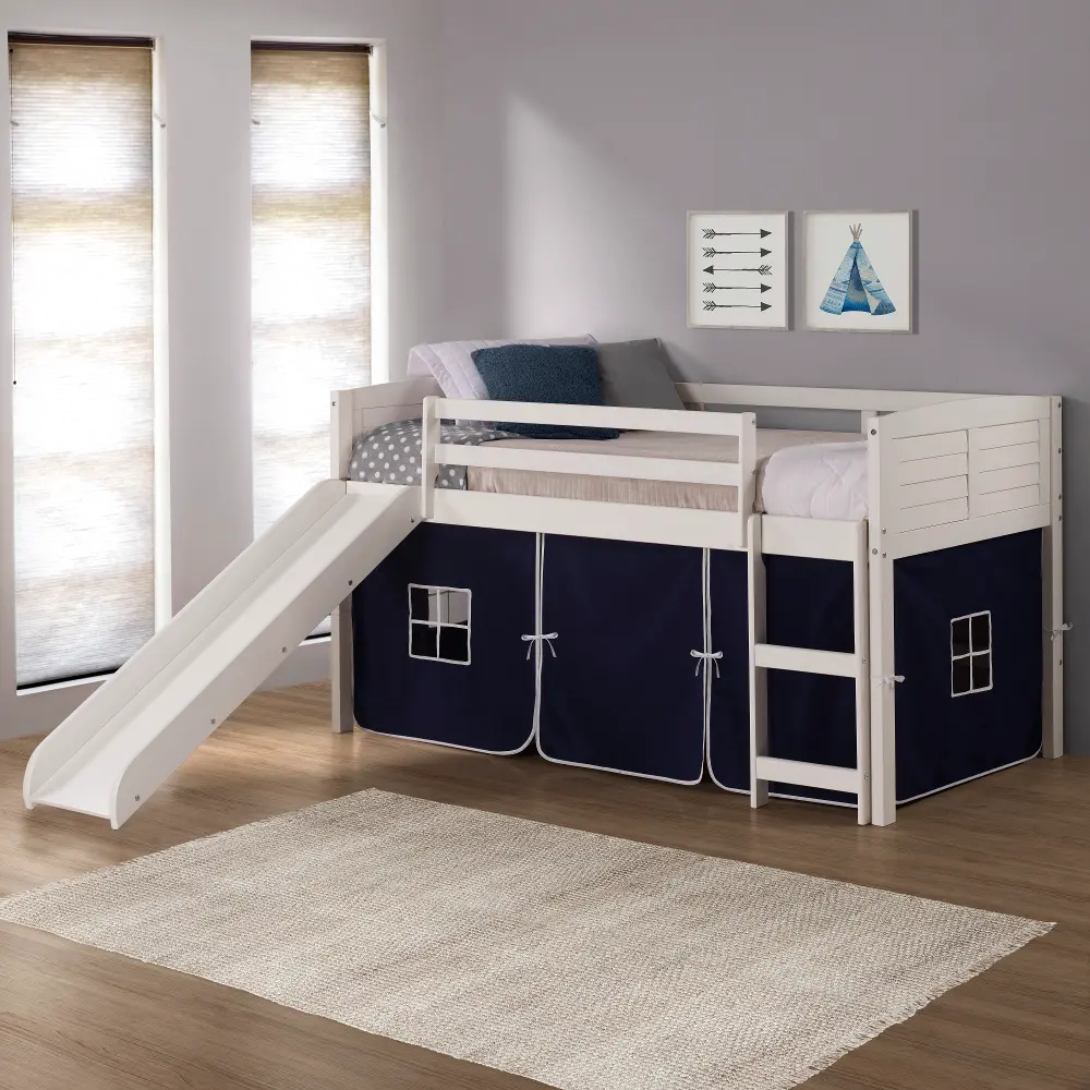 Louver White Twin Loft Bed with Navy Blue Tent and Slide-1