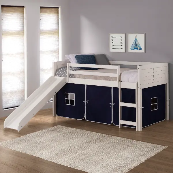 Louver White Twin Loft Bed With Navy, Blue Bunk Beds With Slide