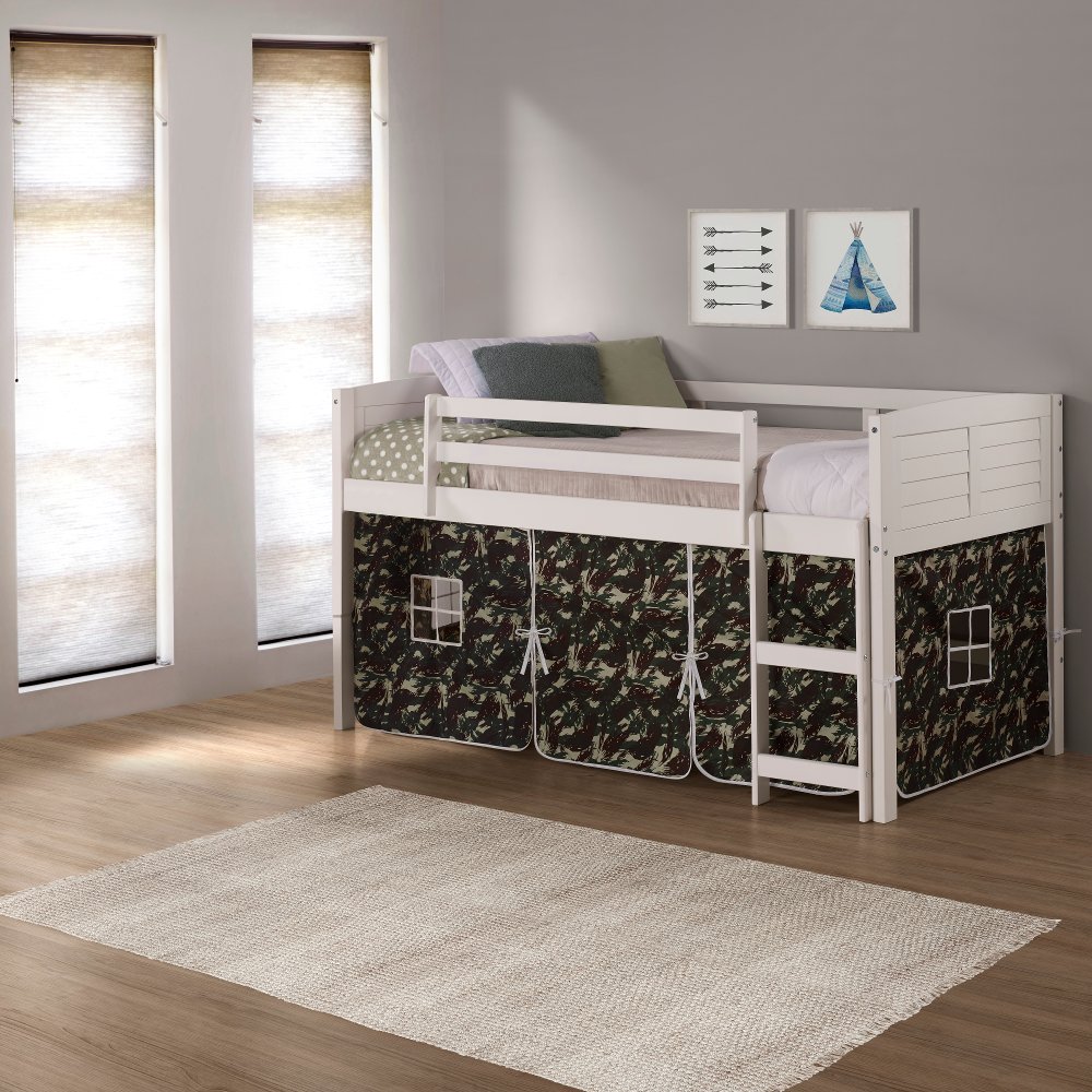 Louver White Twin Loft Bed with Camo Tent