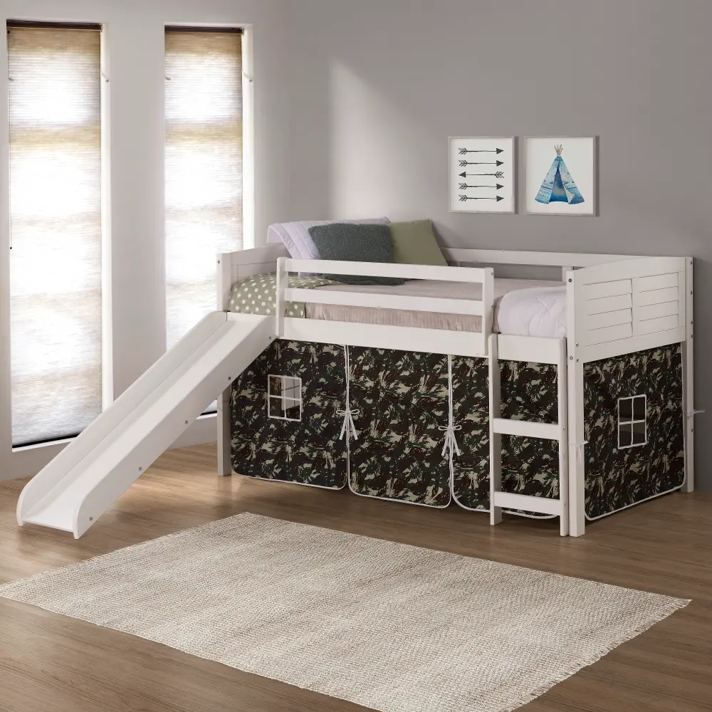 Louver White Twin Loft Bed with Camo Tent and Slide-1