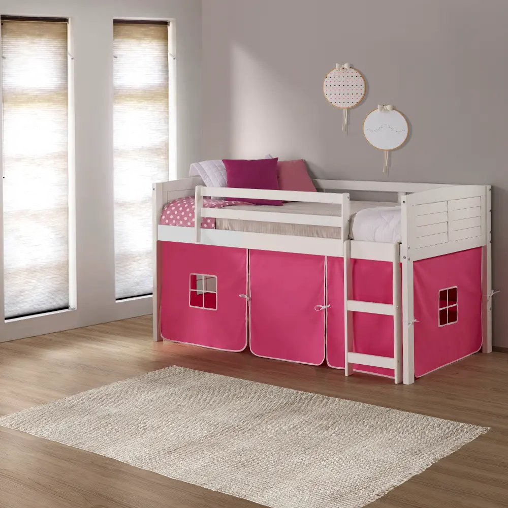 Louver White Twin Loft Bed with Pink Tent-1