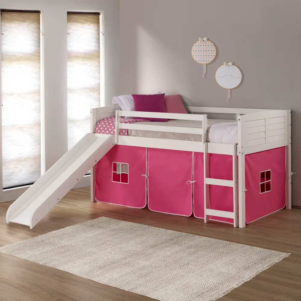 Louver White Twin Loft Bed with Pink Tent and Slide-1