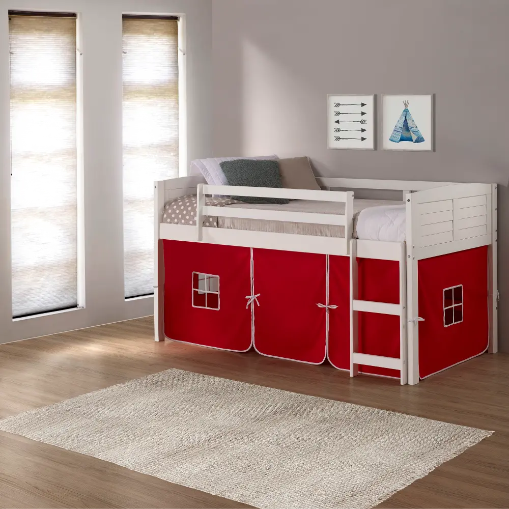Louver White Twin Loft Bed with Red Tent-1