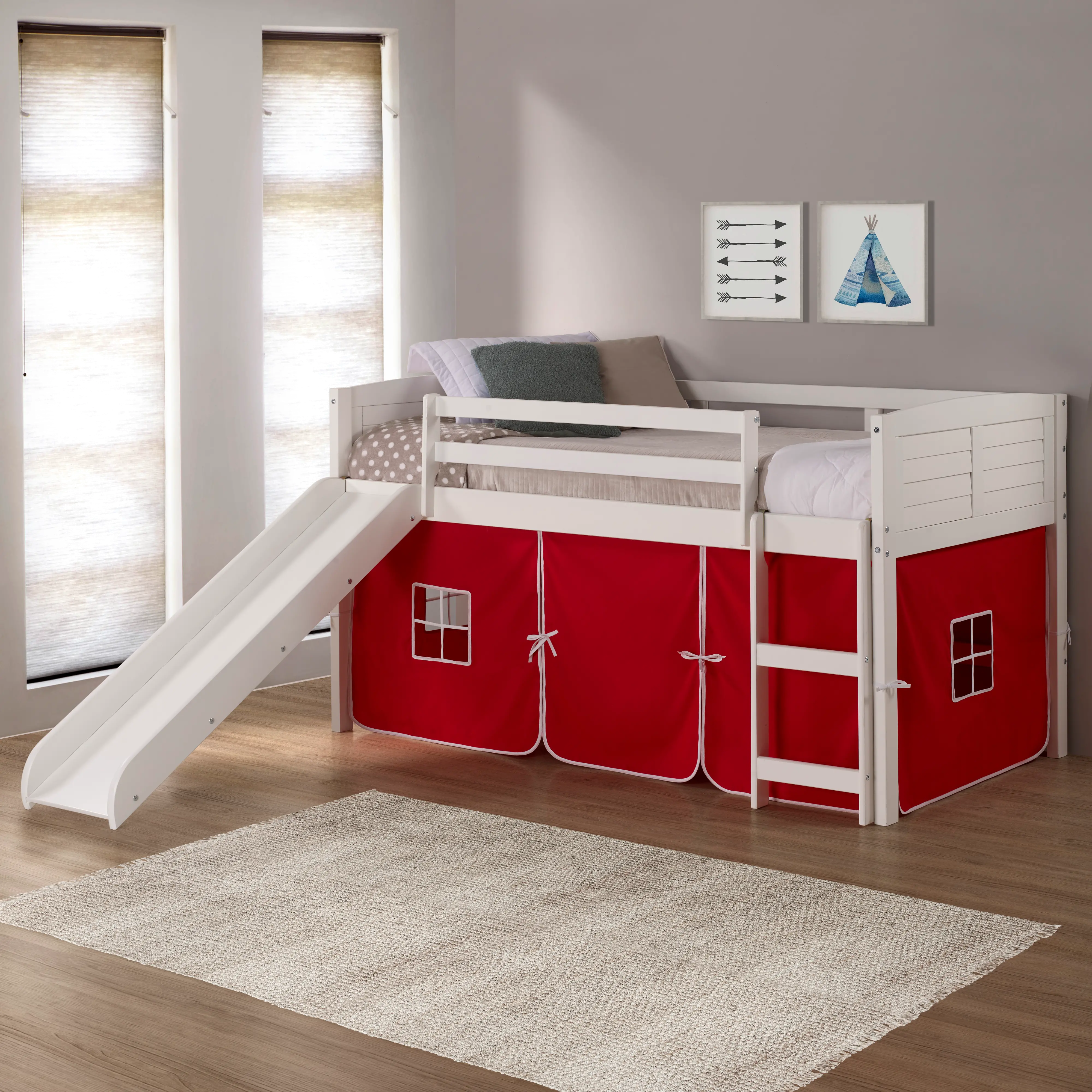 Photos - Bed Donco Trading Louver White Twin Loft  with Red Tent and Slide 790-ATW 7