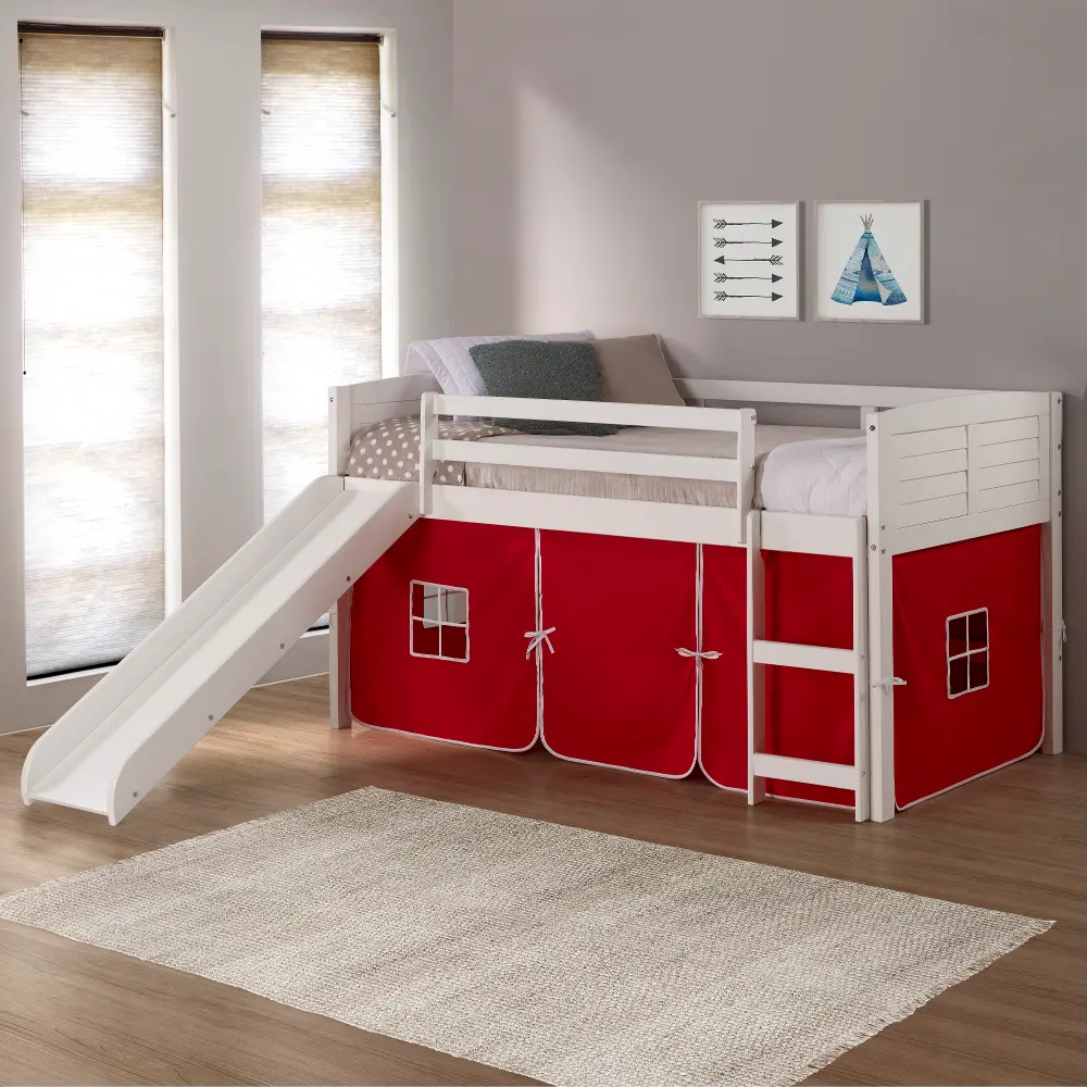 Louver White Twin Loft Bed with Red Tent and Slide-1