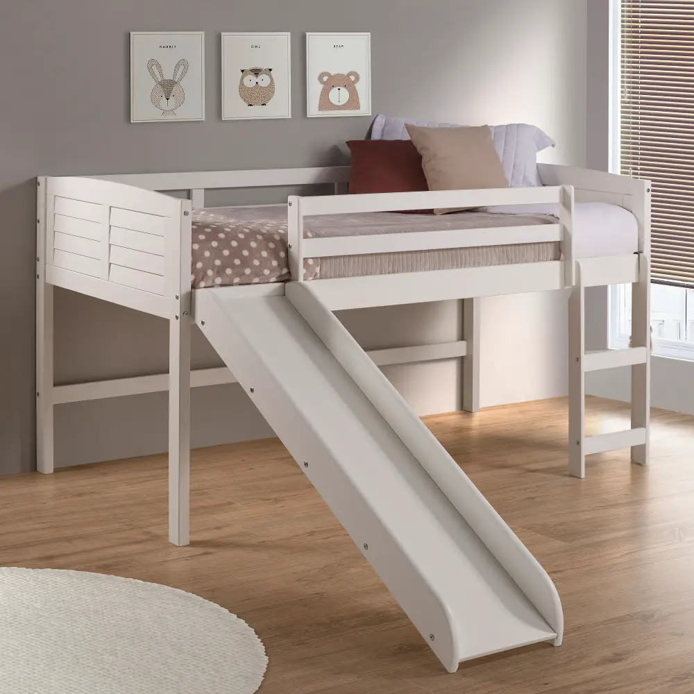 Louver White Twin Loft Bed with Slide-1