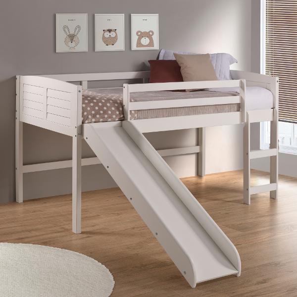 Louver White Twin Loft Bed With Slide, Twin Loft Bed With Slide And Storage