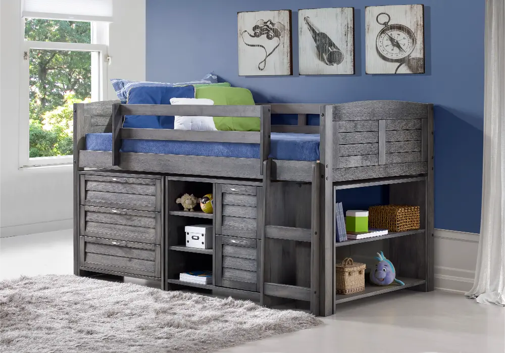 Louver Antique Gray Low Loft Bed Style A-1