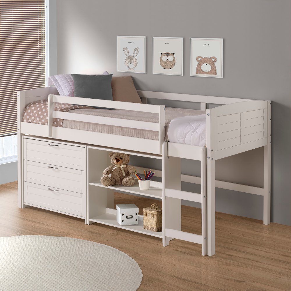 Louver White Low Loft Bed Style E