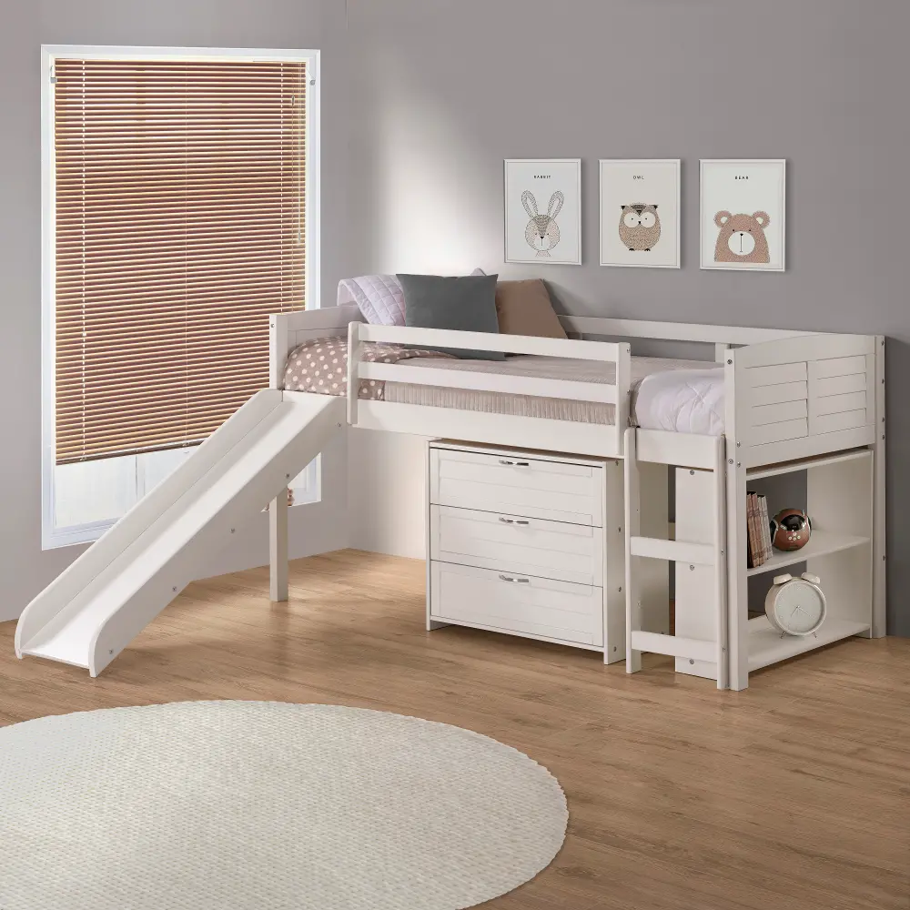 Louver White Low Loft Bed Style F-1