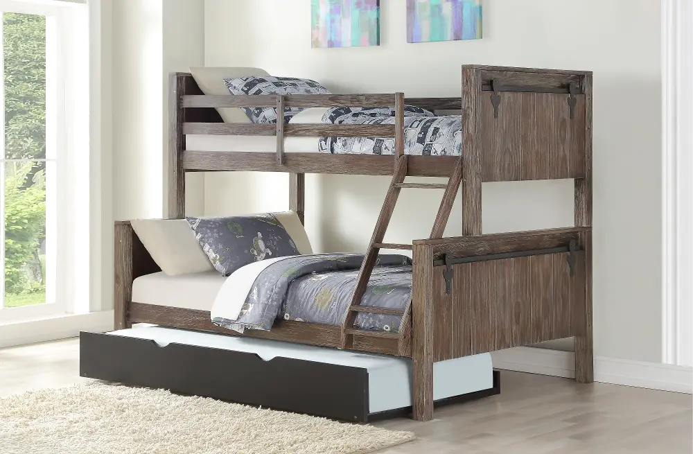 Cody Shadow Gray Twin over Full Barn Door Bunkbed with Trundle-1