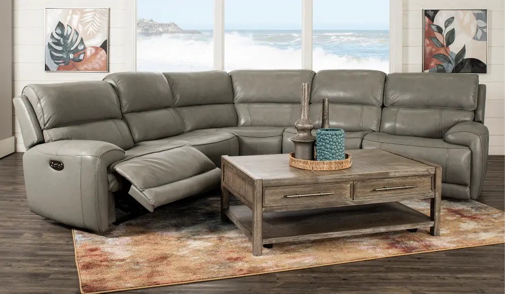 Mickey Gray Leather 5-Piece Power Reclining Sectional-1