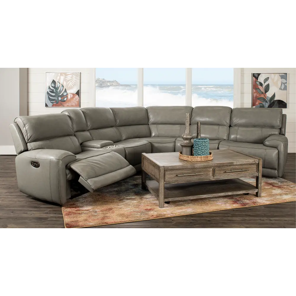Mickey Gray Leather 6-Piece Power Reclining Sectional-1