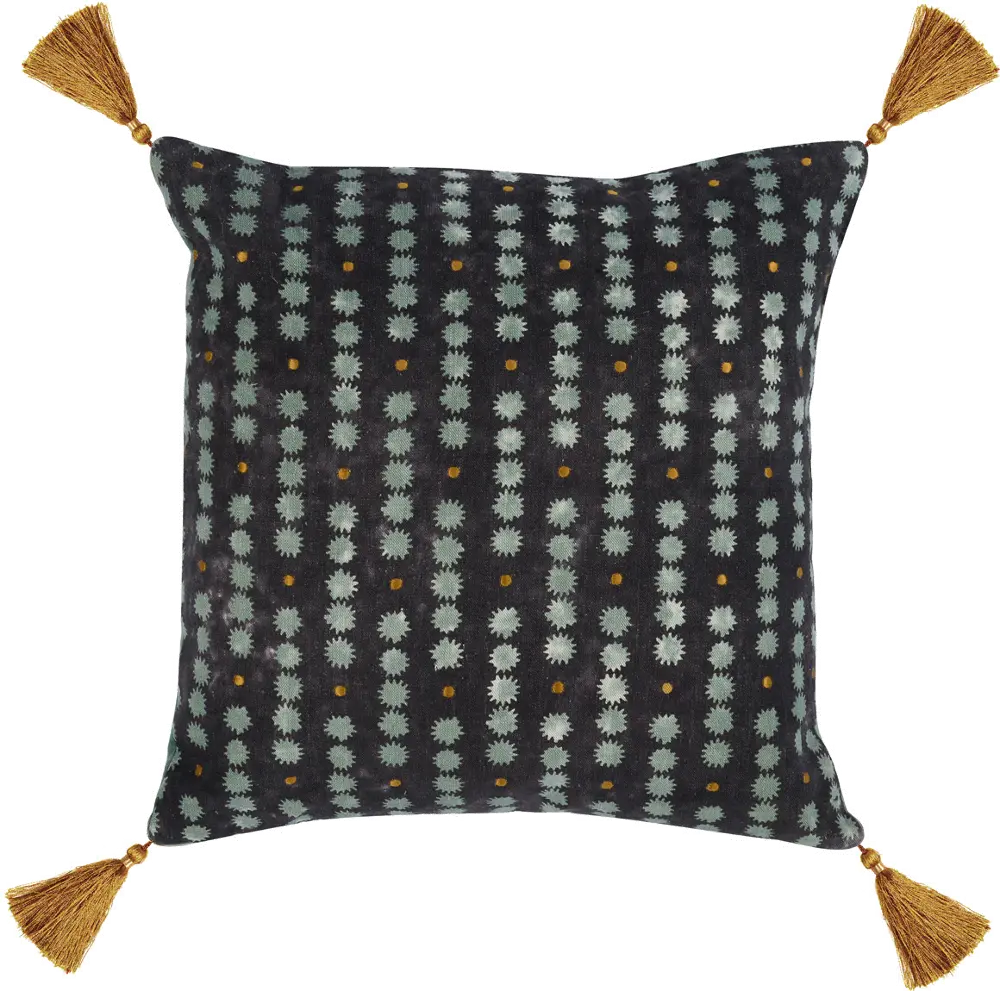 Black, Aqua and Gold Throw Pillow with Tassels-1