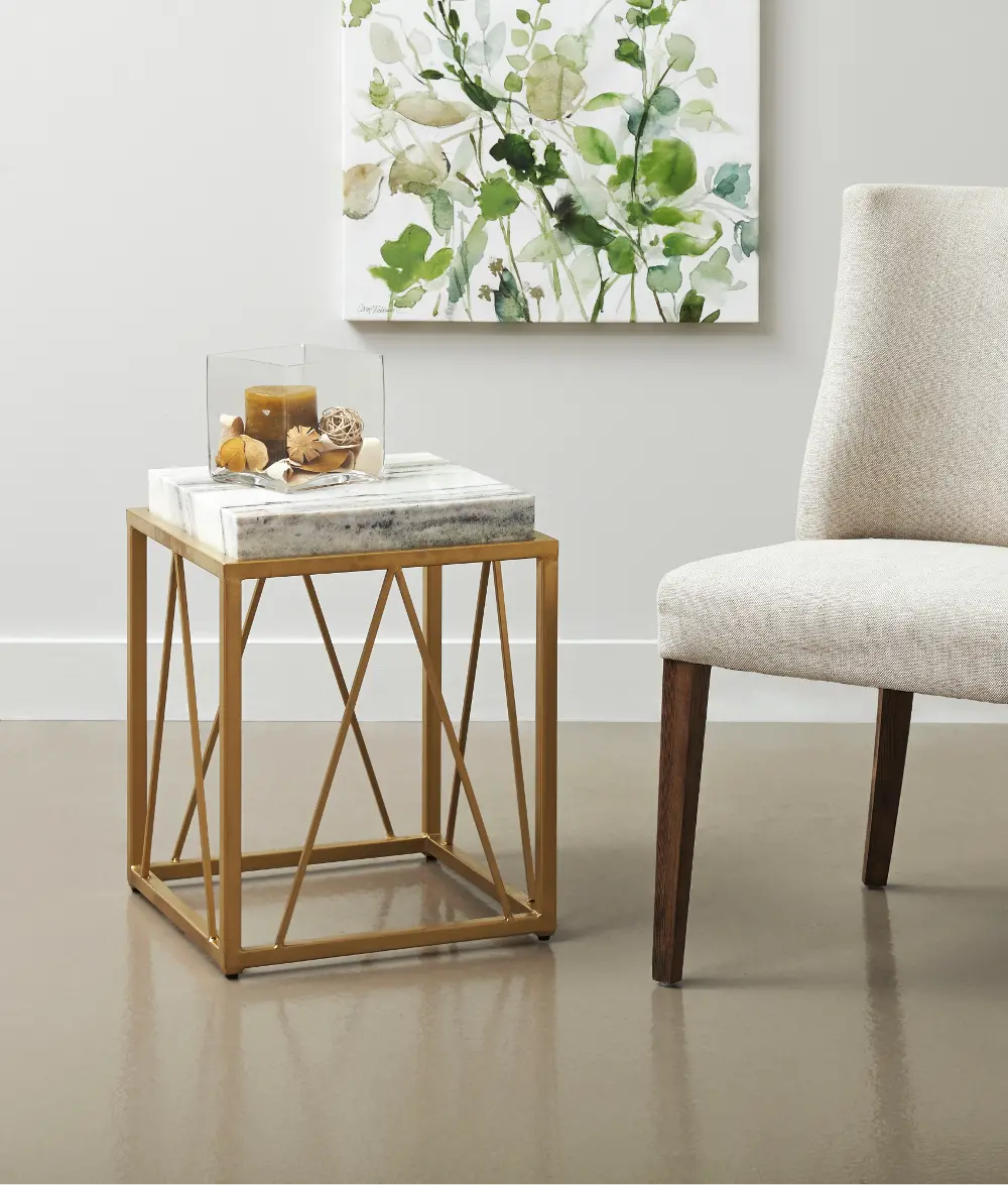 15242 Contemporary White and Gold  Marble Accent Table-1