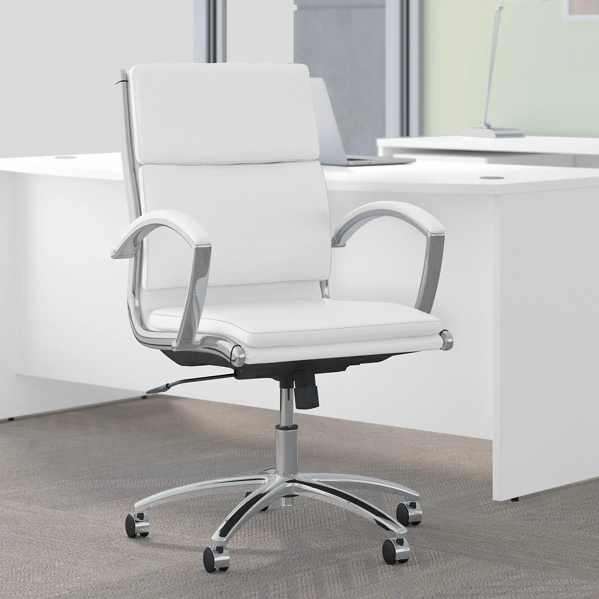 White Leather Mid Back Office Chair