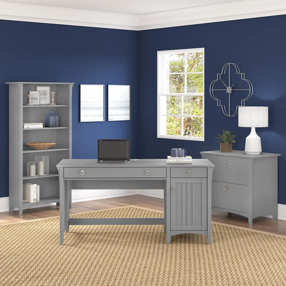 SAL076CG Salinas Cape Cod Gray Desk with Bookcase and Filing Cabinet-1