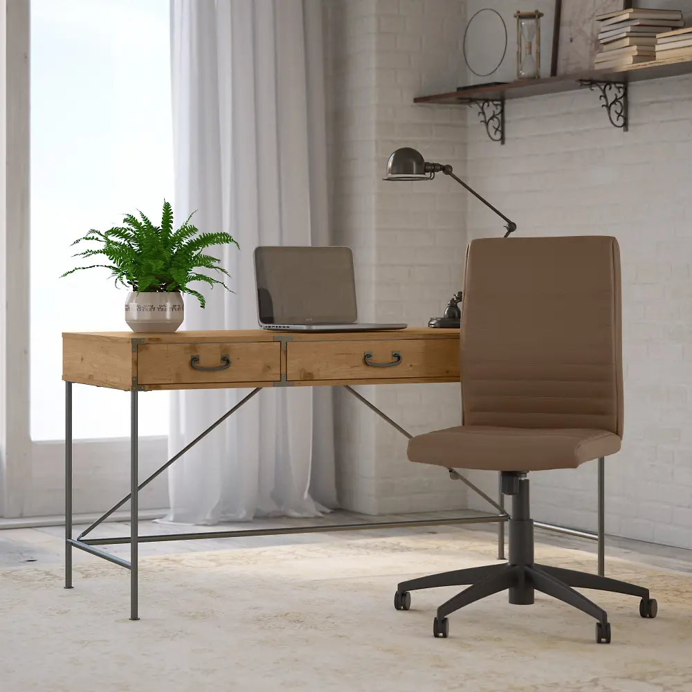 IW037VGP Industrial Golden Pine Desk And Brown Chair- Ironworks-1