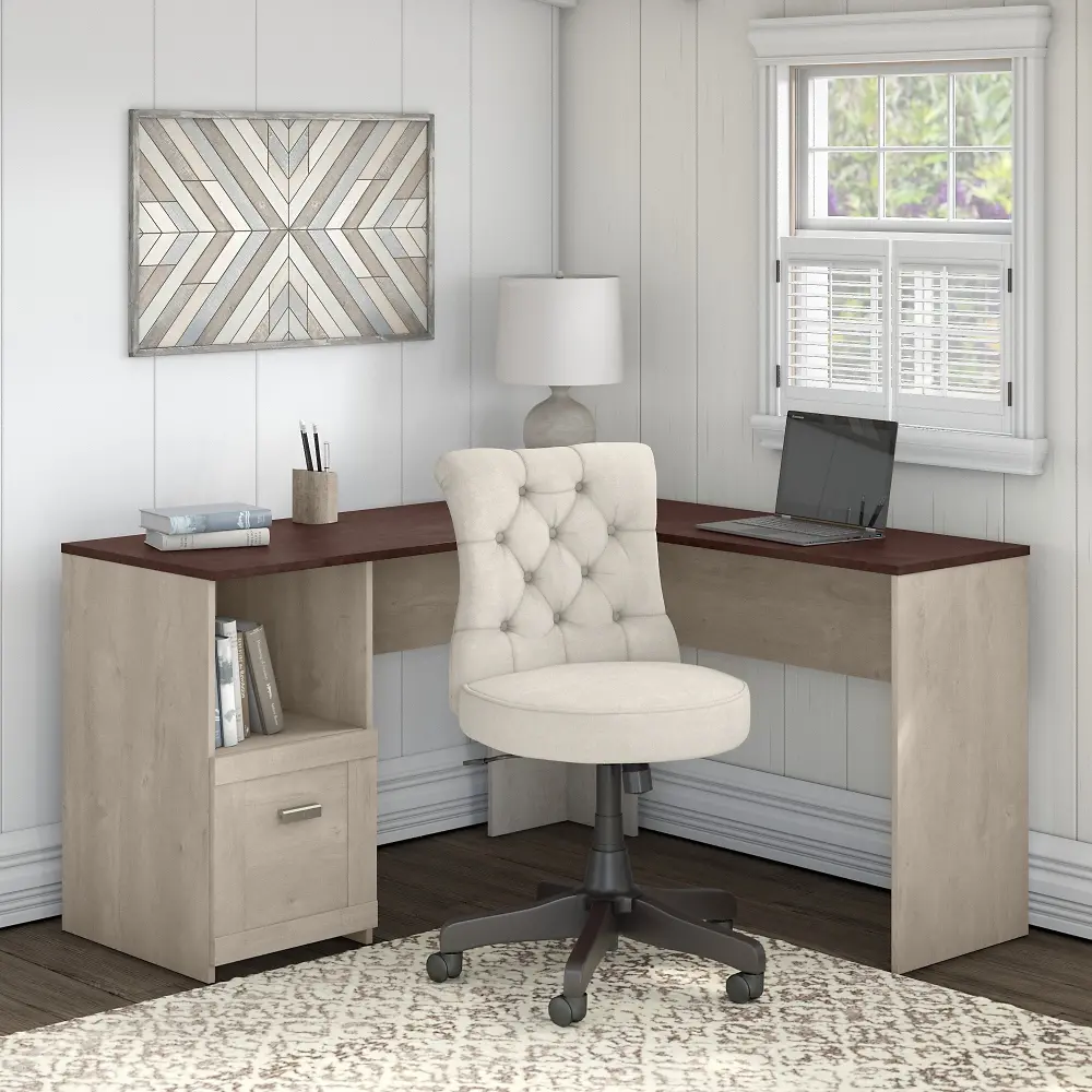 TNH005WM2 Townhill L Shaped Desk with Cream Tufted Chair-1