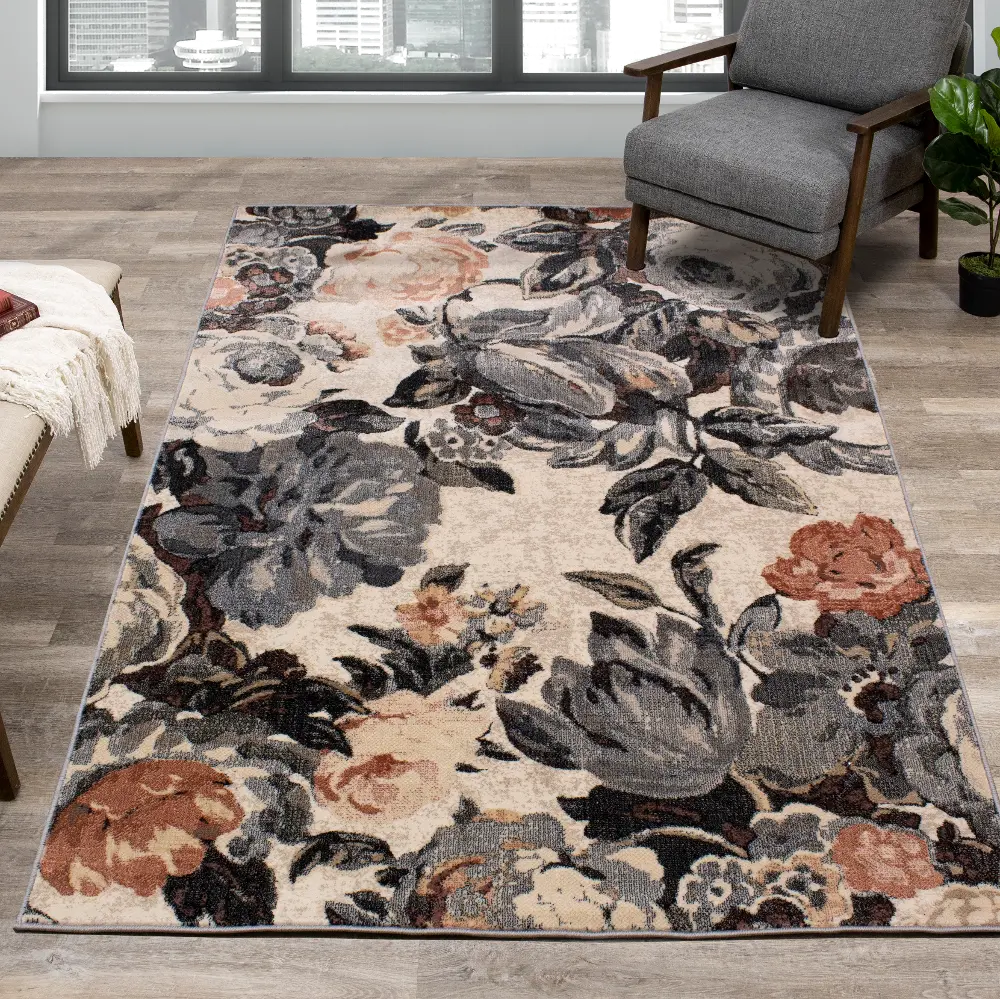 Abbey 5 x 8 Floral Gray Cream Area Rug-1