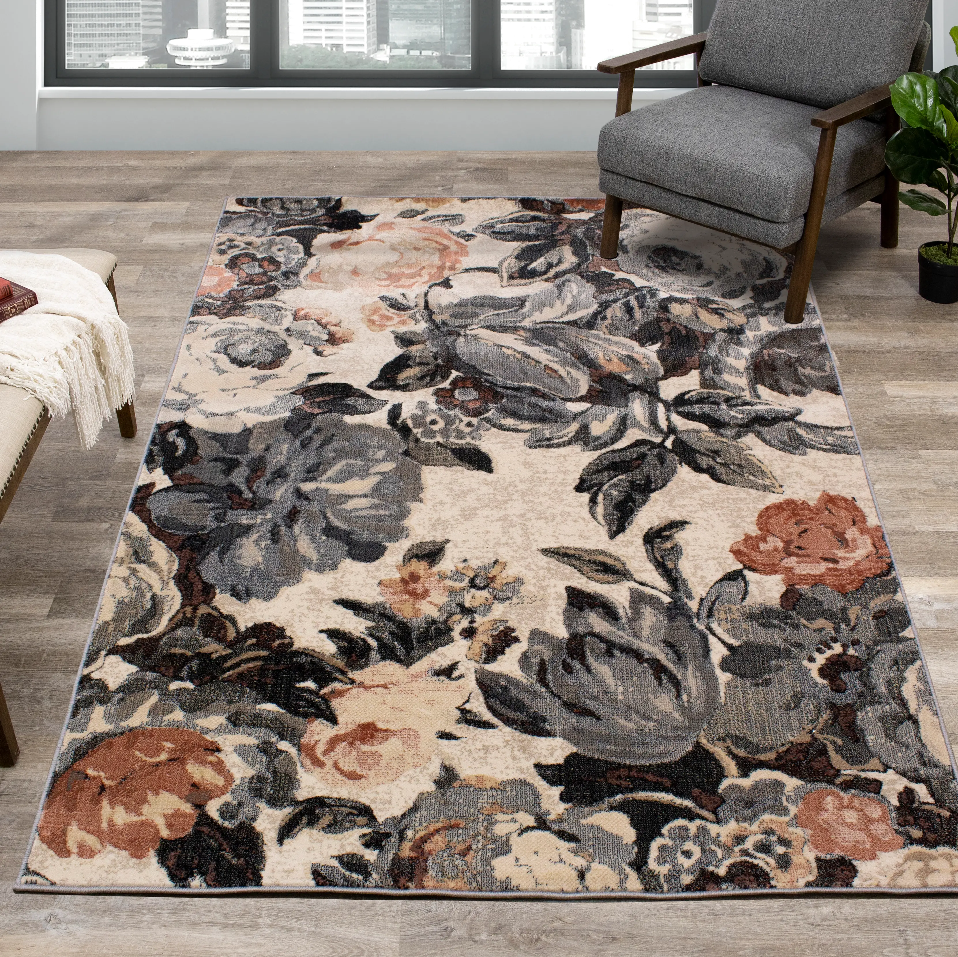 Abbey 8 x 11 Floral Gray Cream Area Rug