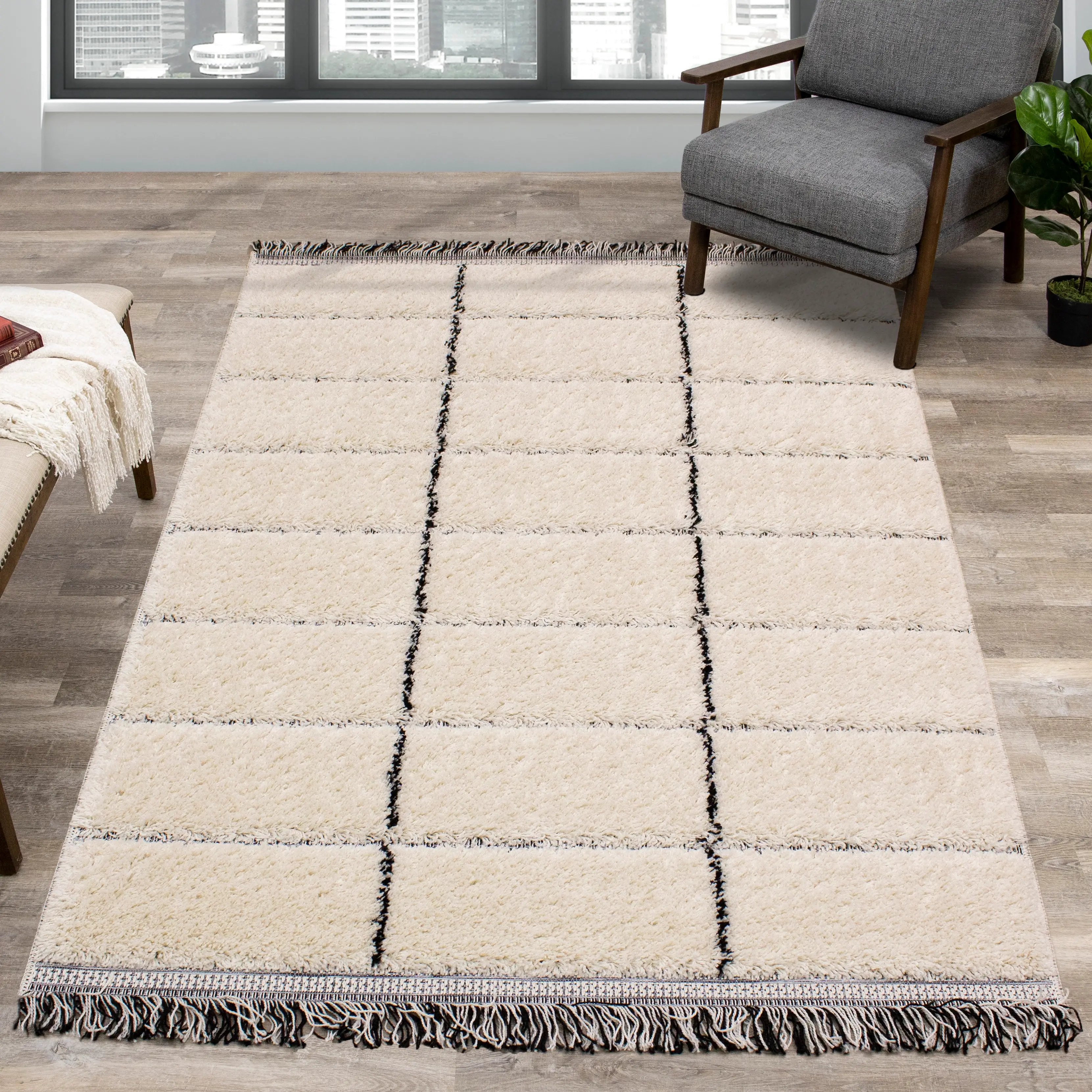 Novato 8 x 11 Contemporary Square Cream Shag Rug