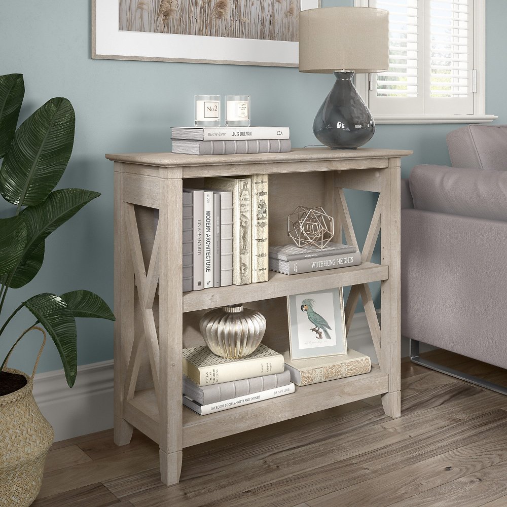 Key West Farmhouse Washed Gray 2-Shelf Bookcase - Bush Furniture