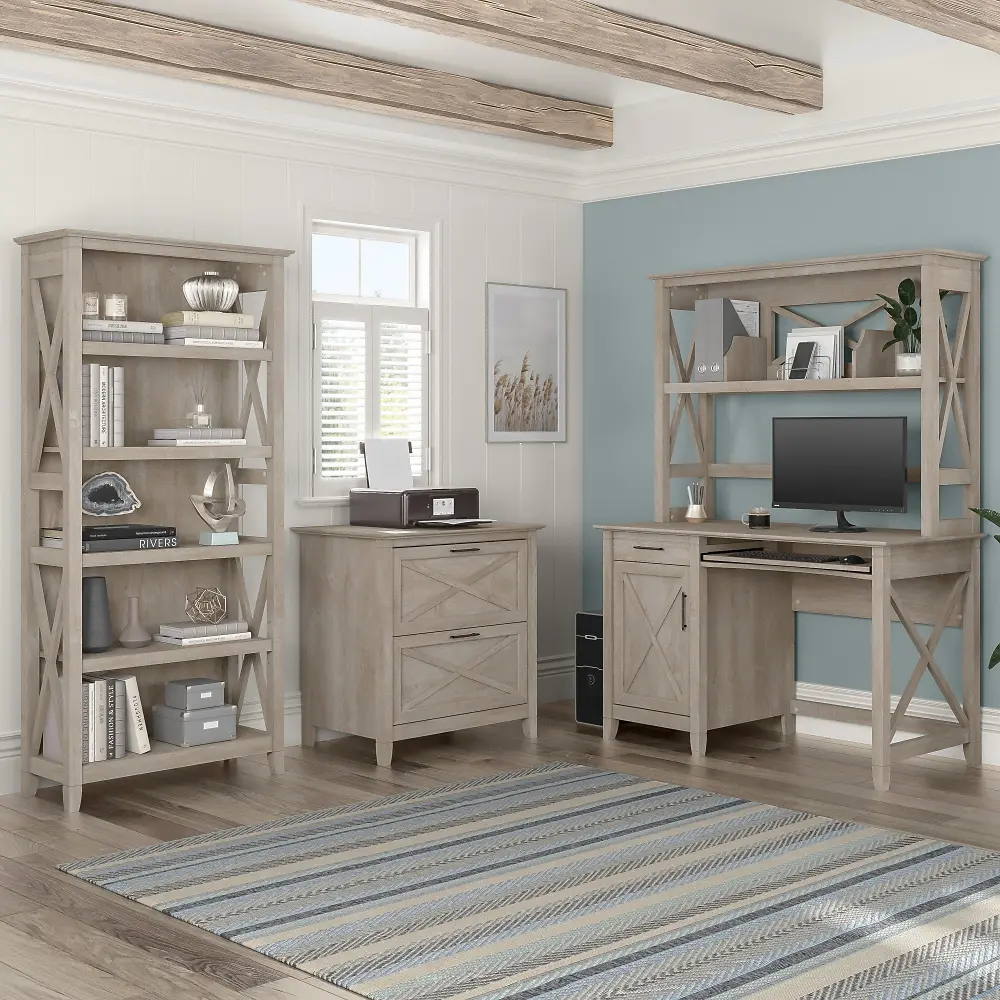 KWS051WG Key West Farmhouse Washed Grey 48W Desk with Hutch, Bookcase, and Lateral File Cabinet-1