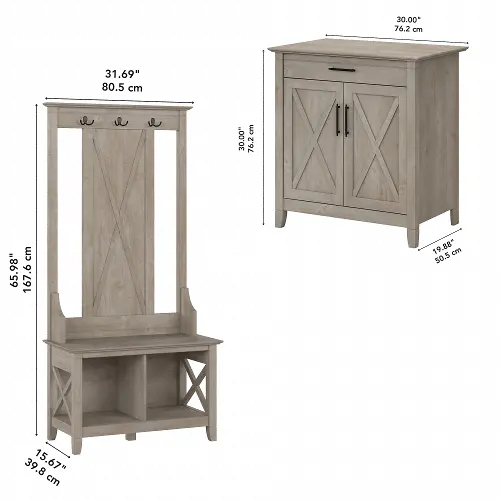 Bush Furniture Key West Entryway Storage Set with Hall Tree, Shoe Bench and 2 Door Cabinet Washed Gray