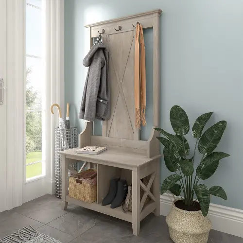 Furniture Key West Entryway Storage Set with Hall Tree, Shoe Bench and Tall  Cabinet in Washed Gray by Bush