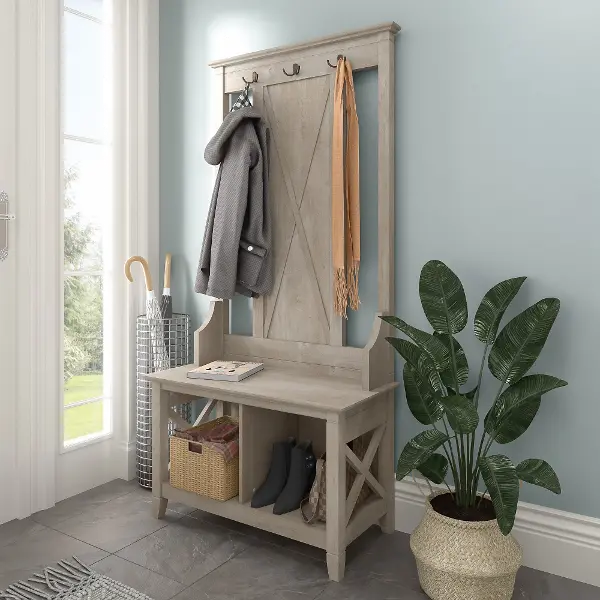 Key West Farmhouse Washed Gray Shoe, Small Hall Tree Bench With Storage