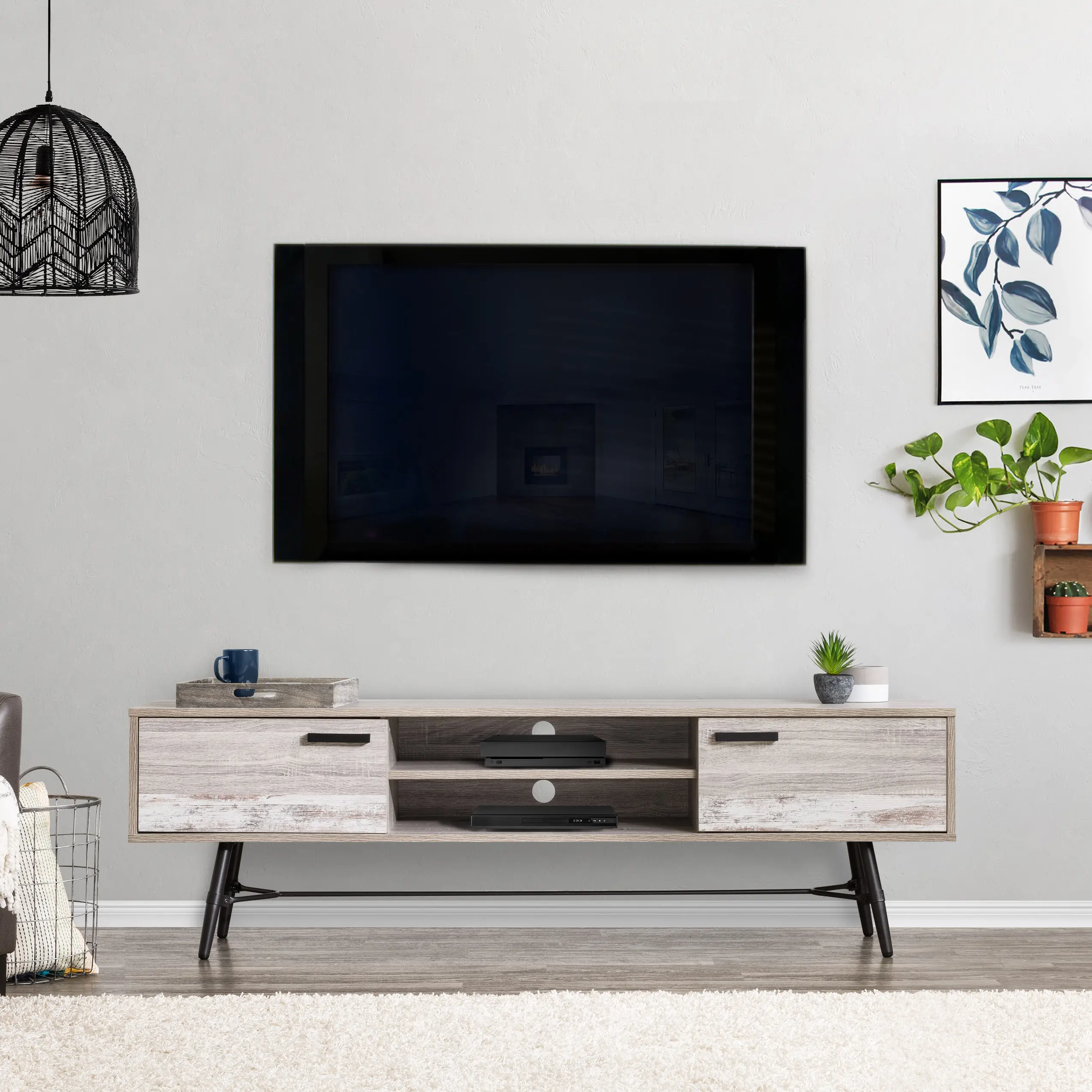 Aurora Mid-Century Modern 71 Light Grey TV Bench