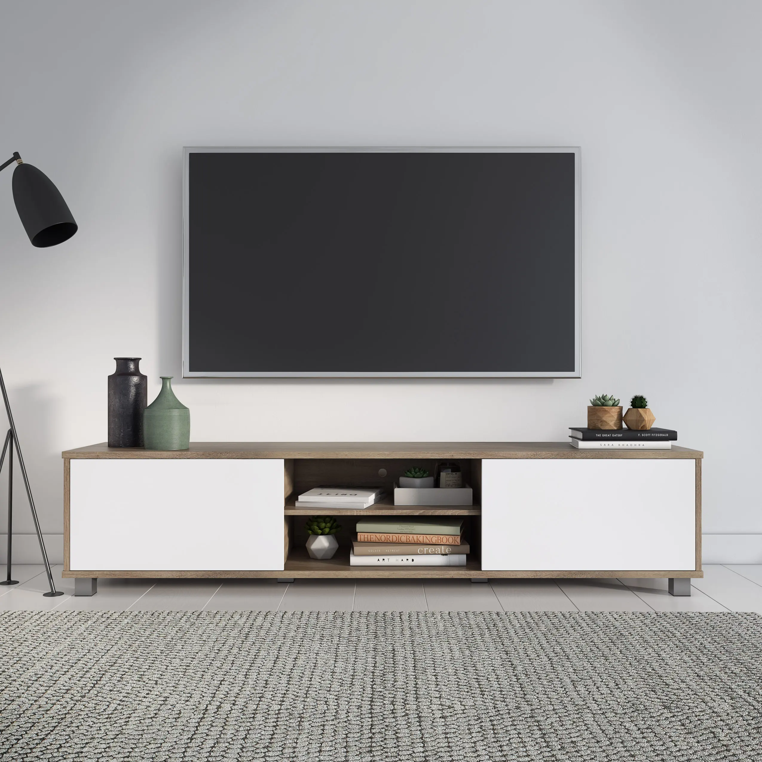 Hollywood Modern 71 White and Brown Wood Grain TV Stand with...