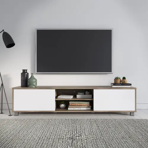 Hollywood Modern 71 White and Brown Wood Grain TV Stand with Doors